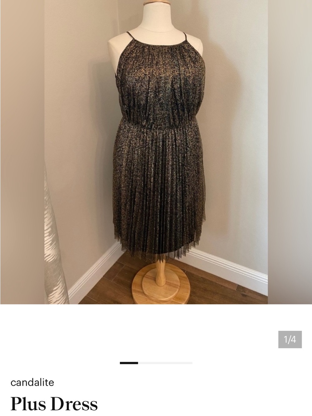 Metallic Gold Pleated Halter Midi Dress